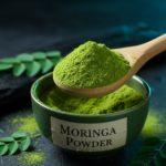Firefly_Gemini Flash_A -spoon shot-—a wooden spoon lifting a heap of bright moringa powder from a bowl lab 640929