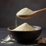 Firefly_Gemini Flash_A -spoon shot-—a wooden spoon lifting from a bowl of bright Garlic Powder, showing th 393750