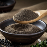 Firefly_Gemini Flash_A -spoon shot-—a wooden spoon lifting from a bowl of bright black pepper Powder, show 393750