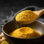 Firefly_Gemini Flash_A -spoon shot-—a wooden spoon lifting from a bowl of bright ginger Powder, showing th 393750