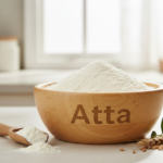 Firefly_Gemini Flash_A wooden bowl labelled as -Atta- full of bright Wheat Flour (Atta)__, the fine grain 393750