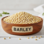 Firefly_Gemini Flash_A wooden bowl labelled as -Barley- full of bright yellow indian Barley__________, the 222055