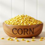 Firefly_Gemini Flash_A wooden bowl labelled as -Corn- full of bright yellow indian Maize (Corn)__________, 320506