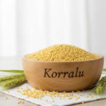 Firefly_Gemini Flash_A wooden bowl labelled as -Korralu- full of bright Foxtail Millet (Korralu)________, 646571