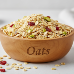 Firefly_Gemini Flash_A wooden bowl labelled as -Oats- full of bright indian Oats__________, the fine grain 320506