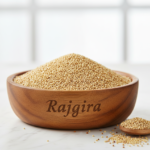 Firefly_Gemini Flash_A wooden bowl labelled as -Rajgira- full of bright Amaranth Seeds (Rajgira)_________, 646571