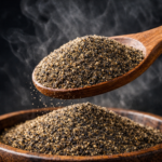 Firefly_gpt-image_A -spoon shot-—a wooden spoon lifting from a bowl of bright black pepper Powder, show 393750