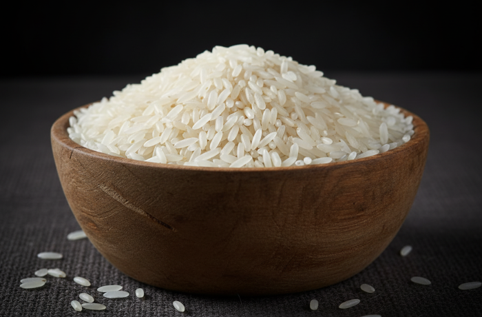 Firefly_Gemini Flash_A wooden bowl full of bright white indian non - basmati rice, the fine grain against 393750