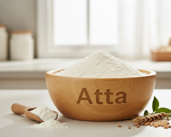 Firefly_Gemini Flash_A wooden bowl labelled as -Atta- full of bright Wheat Flour (Atta)__, the fine grain 393750